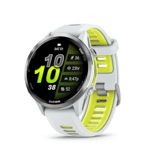 Garmin® Forerunner® 970، پریمیم GPS رننگ اور ٹرائیتھلون اسمارٹ واچ، AMOLED ڈسپلے، بلٹ ان LED فلیش لائٹ، ٹائٹینیم (وائٹ اسٹون کیس کے ساتھ) اور وائٹ اسٹون/ٹرانسلیسنٹ amp پیلا بینڈ۔