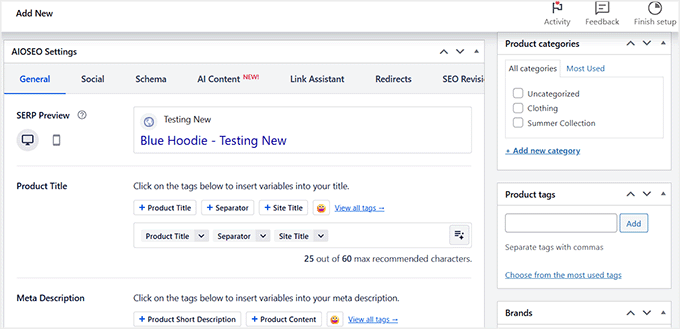 WooCommerce پروڈکٹ ایڈیٹر میں AIOSEO سیٹنگ باکس