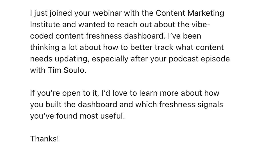 ایک صارف کی طرف سے ایک ٹیکسٹ پیغام جس میں Vibe Coded Content Recency Dashboard کے بارے میں مزید جاننے کی درخواست کی گئی ہے۔