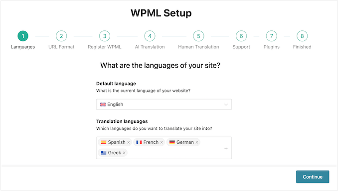 WPML سیٹ اپ وزرڈ ترقی کے مراحل اور زبان کی ترتیب کے شعبوں کو دکھا رہا ہے۔