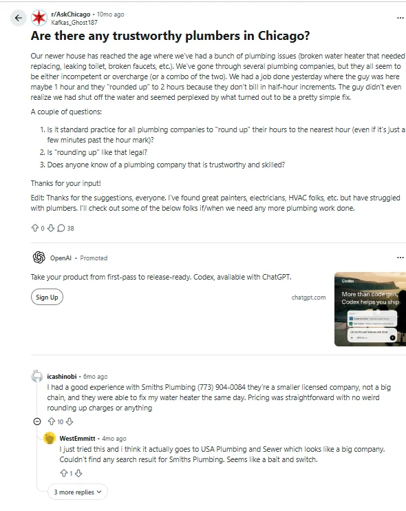 AI کا استعمال کرتے ہوئے اپنے برانڈ کی حمایت اور دفاع کریں۔ 3 یہاں ایک Reddit پوسٹ ہے جس میں شکاگو کے پلمبر سے جواب طلب کیا گیا ہے۔