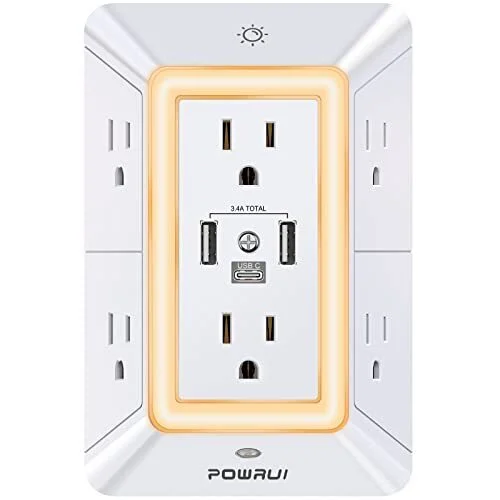 ملٹی پلگ آؤٹ لیٹ سرج پروٹیکٹر - 3 USB پورٹس (1 USB C) اور نائٹ لائٹ کے ساتھ POWRUI 6 آؤٹ لیٹ ایکسٹینڈر، اڈاپٹر اسپیسنگ آؤٹ لیٹس کے ساتھ 3 سائیڈڈ پاور سٹرپ - سفید، ETL رجسٹرڈ