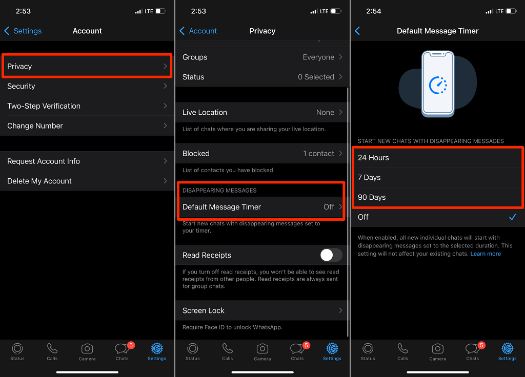 06-whatsapp-disappearing-messages-ios- آن لائن ٹیک ٹپس واٹس ایپ آئی فون کی رازداری کی ترتیبات کی اسکرین غائب ہونے والے پیغامات کے تحت ڈیفالٹ میسج ٹائمر کا آپشن دکھا رہی ہے - 06-whatsapp-disappearing-messages-ios