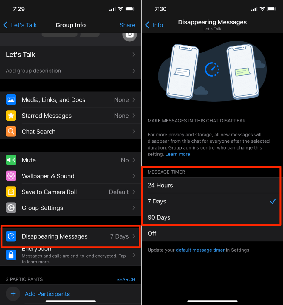 04-config-disappear-message-group-chat-iphone - آن لائن ٹیک ٹپس واٹس ایپ آئی فون گروپ چیٹ انفارمیشن اسکرین جس میں غائب ہونے والے پیغامات کے آپشن کو نمایاں کیا گیا ہے - 04-configure-disappearing-messages-group-chat-iphone