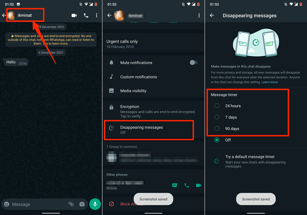 08-whatsapp-disappearing-messages-android- آن لائن ٹیک ٹپس واٹس ایپ اینڈرائیڈ کانٹیکٹ انفارمیشن اسکرین غائب ہونے والے پیغامات کے آپشن اور ٹائمر کا انتخاب دکھا رہی ہے - 08-whatsapp-disappearing-messages-android