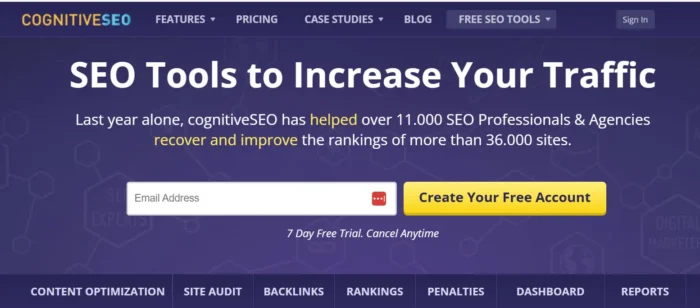 CognitiveSEO ہوم پیج اسکرین شاٹ۔ 