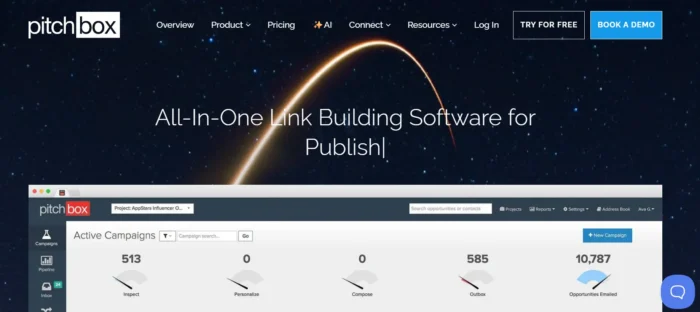     Pitchbox ہوم پیج کا اسکرین شاٹ، جو SEO مہم کے ڈیش بورڈ کا سنیپ شاٹ بھی دکھاتا ہے۔ 