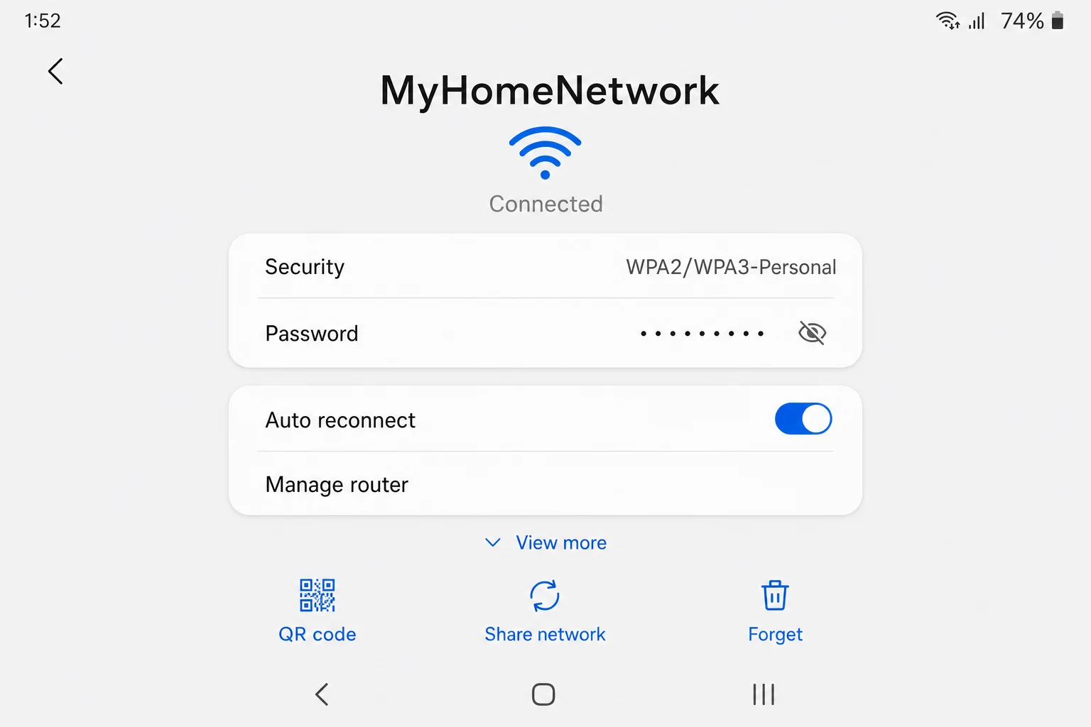 Samsung One UI Wi-Fi نیٹ ورک کی تفصیلات کی سکرین جس میں QR کوڈ بٹن نیچے واضح طور پر دکھائی دے رہا ہے۔ UI صاف اور پڑھنے میں آسان ہونا چاہیے، بغیر کسی گڑبڑ والے متن کے۔