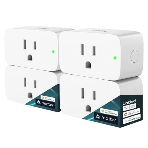 Linkkind Matter Smart Plug، Apple Home، Siri، Alexa، Google، SmartThings کے ساتھ کام کرتا ہے، Smart Home Smart Outlet Timer 15A/1800W، APP ریموٹ کنٹرول اور شیڈول، 2.4G Wi-Fi صرف، 4 کا پیک