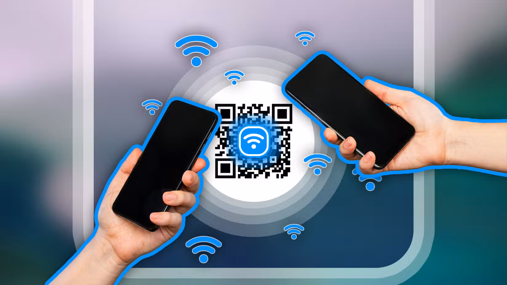 درمیان میں QR کوڈ اور Wi-Fi آئیکن والا موبائل فون پکڑے ہوئے دو ہاتھ۔