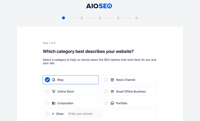 AIOSEO سیٹ اپ وزرڈ - ویب سائٹ کے زمرے
