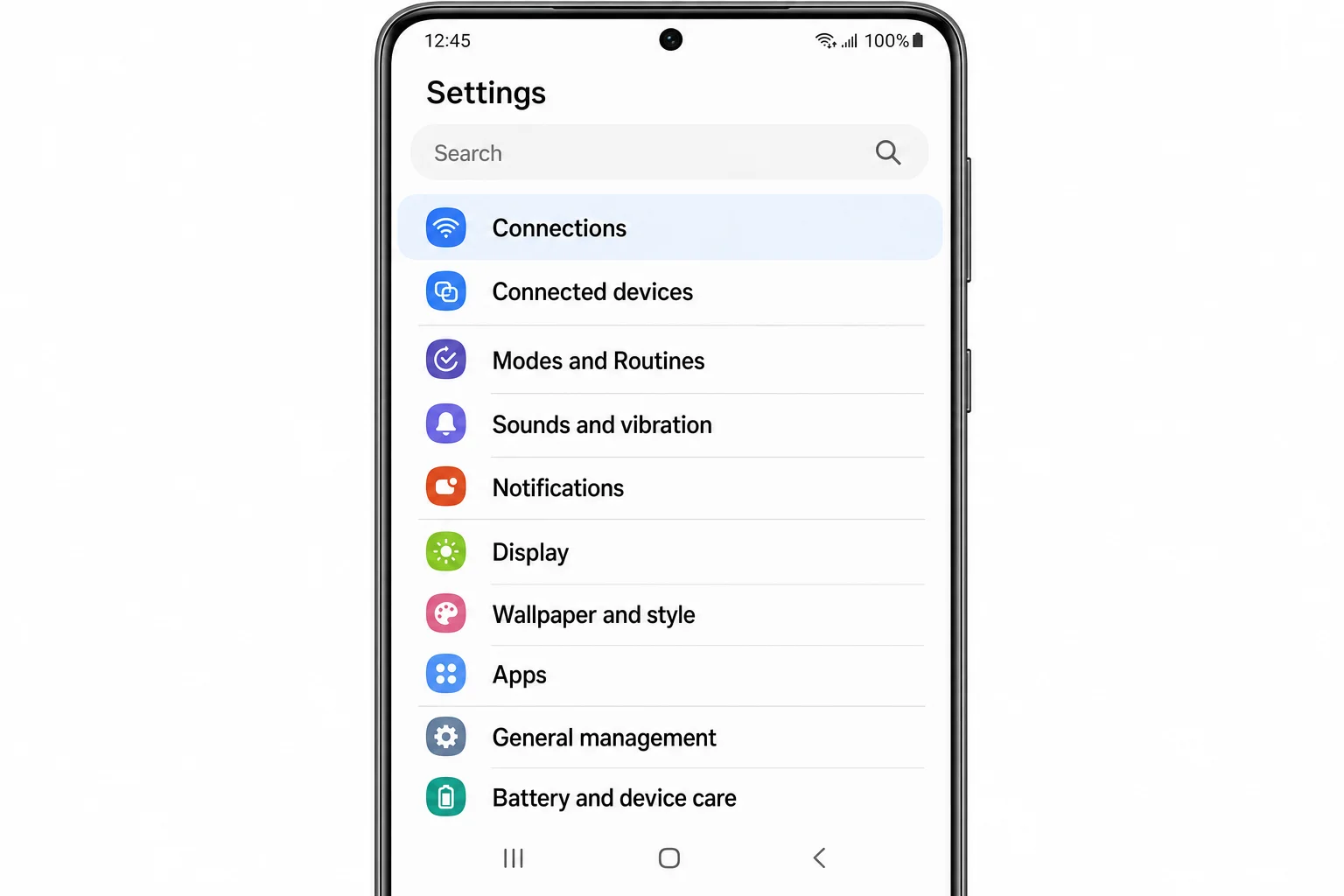 Samsung Galaxy فون سیٹنگز ایپ مین اسکرین، One UI۔ یہ ترتیبات کی قطاروں کی ایک عمودی فہرست دکھاتا ہے، ہر ایک پر ایک آئیکن اور صحیح ہجے والا انگریزی لیبل: کنیکٹیویٹی (ہائی لائٹ/منتخب)، آوازیں اور وائبریشن، اطلاعات، ڈسپلے، وال پیپر اور اسٹائلز، ایپس، جنرل کیئر، بیٹری اور ڈیوائس مینجمنٹ۔ متن واضح طور پر پڑھنے کے قابل ہے اور اس میں کوئی غلط ہجے یا تحریف شدہ الفاظ نہیں ہیں۔