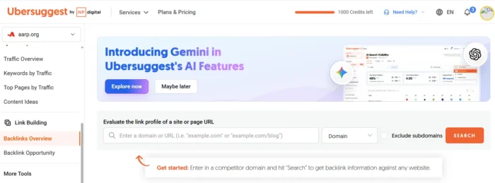 Ubersuggest بیک لنک چیکر کے ساتھ بیک لنکس کا تجزیہ کیسے کریں۔ 1 Ubersuggest کے بیک لنک اوور ویو پیج کا اسکرین شاٹ۔
