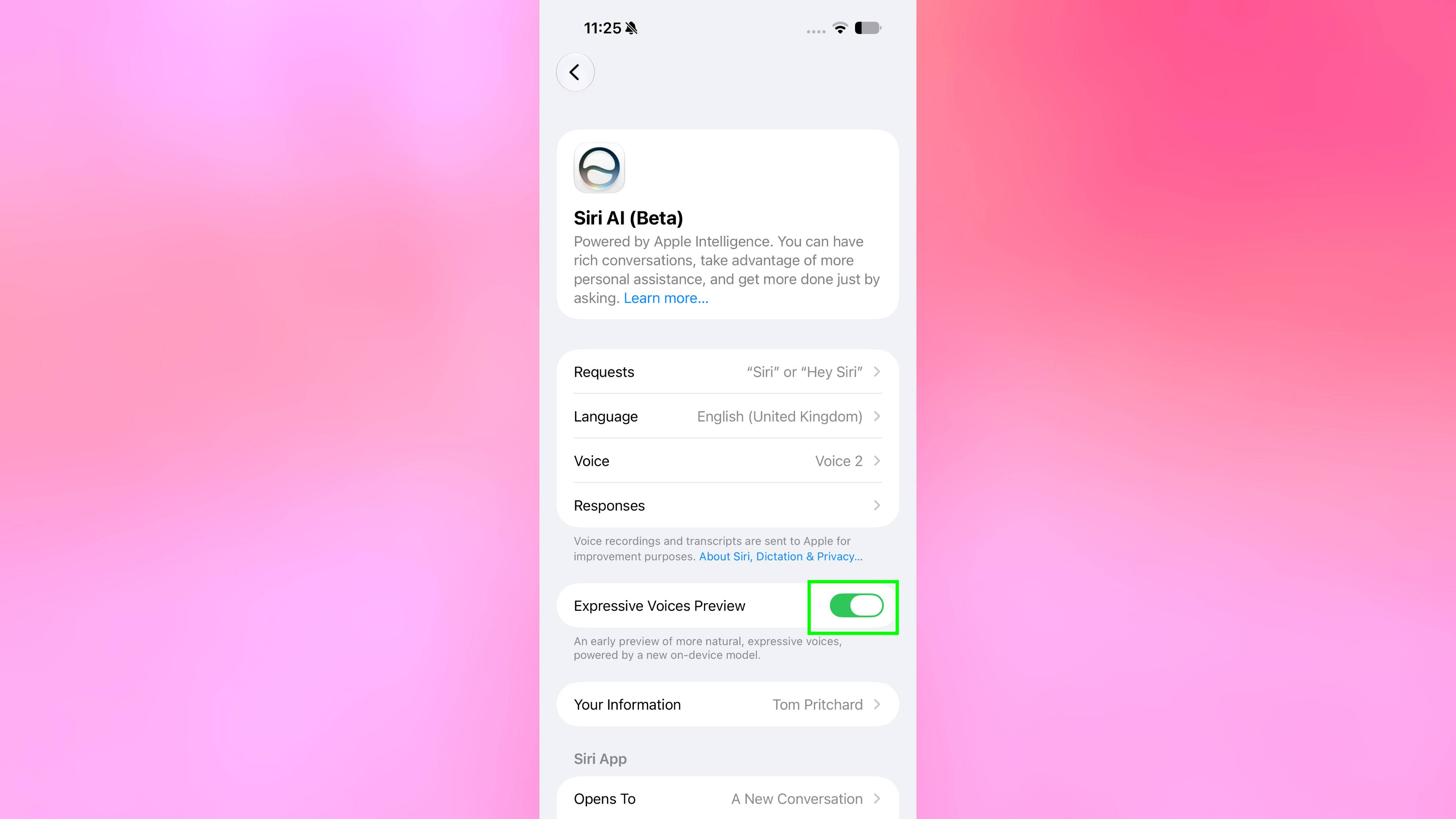 Beta 2 میں Siri Expressive Voices کا پیش نظارہ آن ہے۔