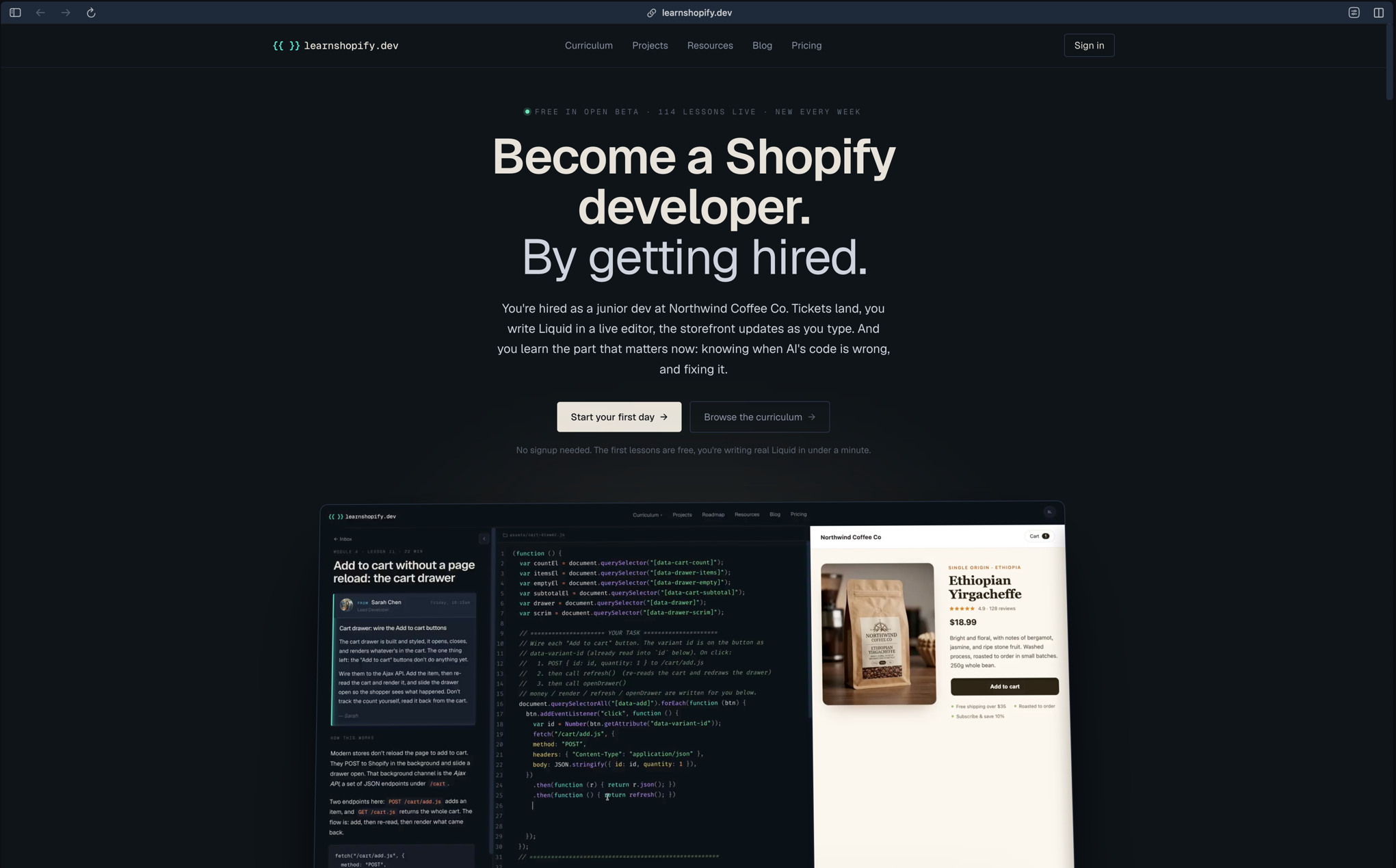 Shopify میں AJAX کارٹ دراز کیسے بنایا جائے (2026 طریقہ) 9 learnshopify.dev لینڈنگ پیج، Shopify ڈویلپمنٹ سیکھنے کے لیے ایک انٹرایکٹو پلیٹ فارم