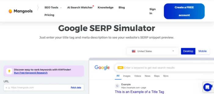 Mangools SERP سمیلیٹر ہوم پیج۔
