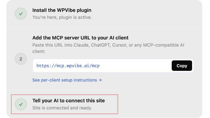 WPVibe سائٹ منظوری کے بعد Vibe AI پلگ ان مینیجر میں کنکشن کی حیثیت دکھا رہی ہے۔ WPVibe سائٹ منظوری کے بعد Vibe AI پلگ ان مینیجر میں کنکشن کی حیثیت دکھا رہی ہے۔