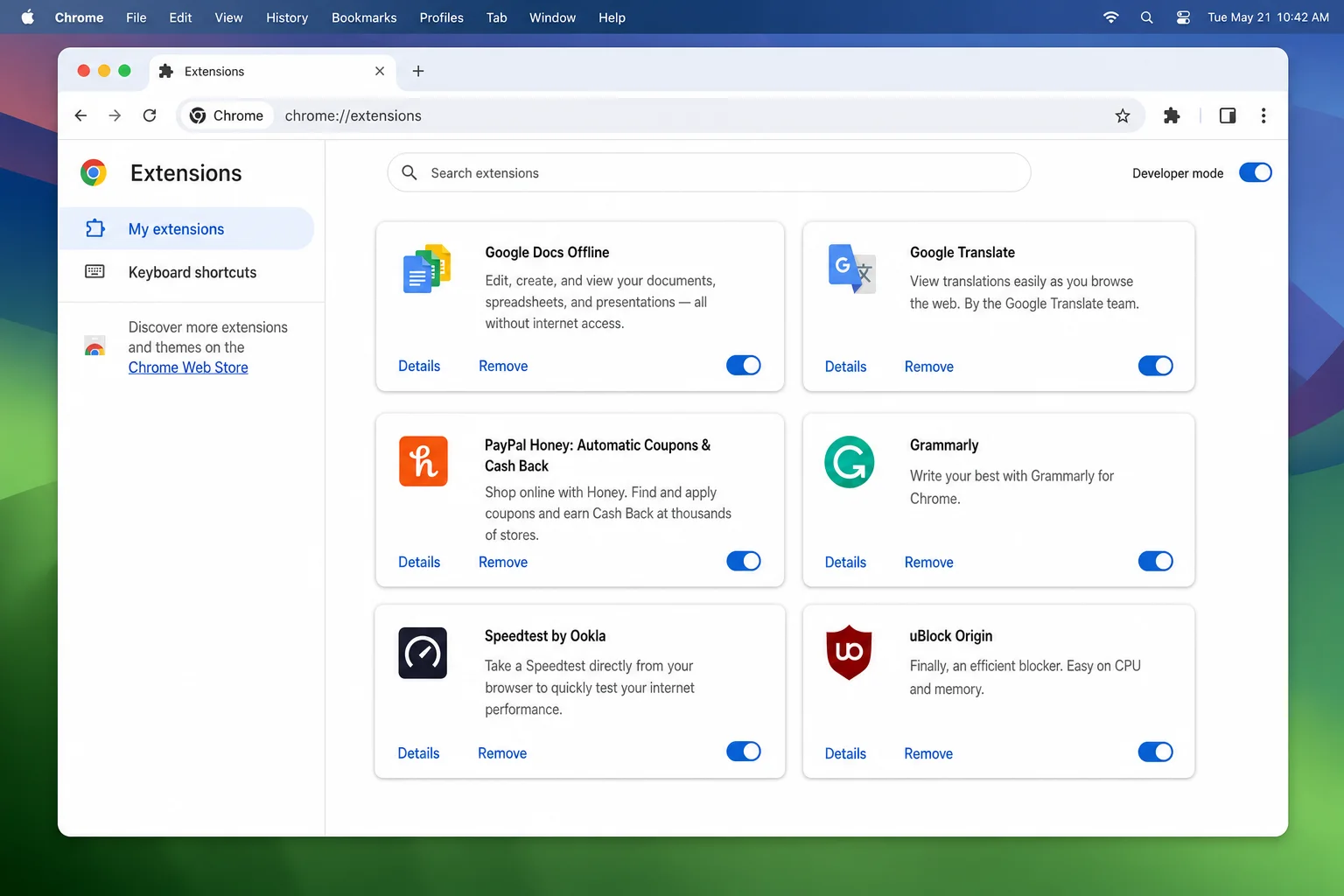 کروم میں زیادہ میموری کے استعمال کو درست کریں: کروم کو RAM استعمال کرنے سے روکیں۔ 6 chrome://extensions پر کروم ایکسٹینشن مینجمنٹ صفحہ، نیلے ٹوگل سوئچز کے ساتھ انسٹال کردہ ایکسٹینشنز کی فہرست اور ہر ایک کے لیے نظر آنے والا ان انسٹال بٹن دکھا رہا ہے۔