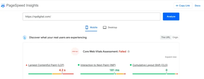 npdigital.com کے لیے Google کی PageSpeed ​​Insights رپورٹ۔ 