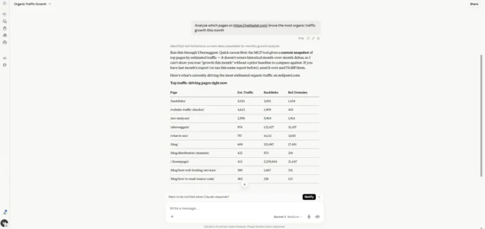 Ubersuggest MCP کنیکٹر: 37 SEO ٹولز استعمال کریں جیسے کلاڈ، کرسر، اور مزید 5 ایک AI معاون گفتگو (کلاڈ یا کرسر) جہاں صارف ایک مسابقتی تحقیقی سوال پوچھتا ہے اور اسسٹنٹ ریئل ٹائم Ubersuggest ڈیٹا واپس کرتا ہے، جیسے مطلوبہ الفاظ کے مشکل اسکورز یا ڈومین ٹریفک۔