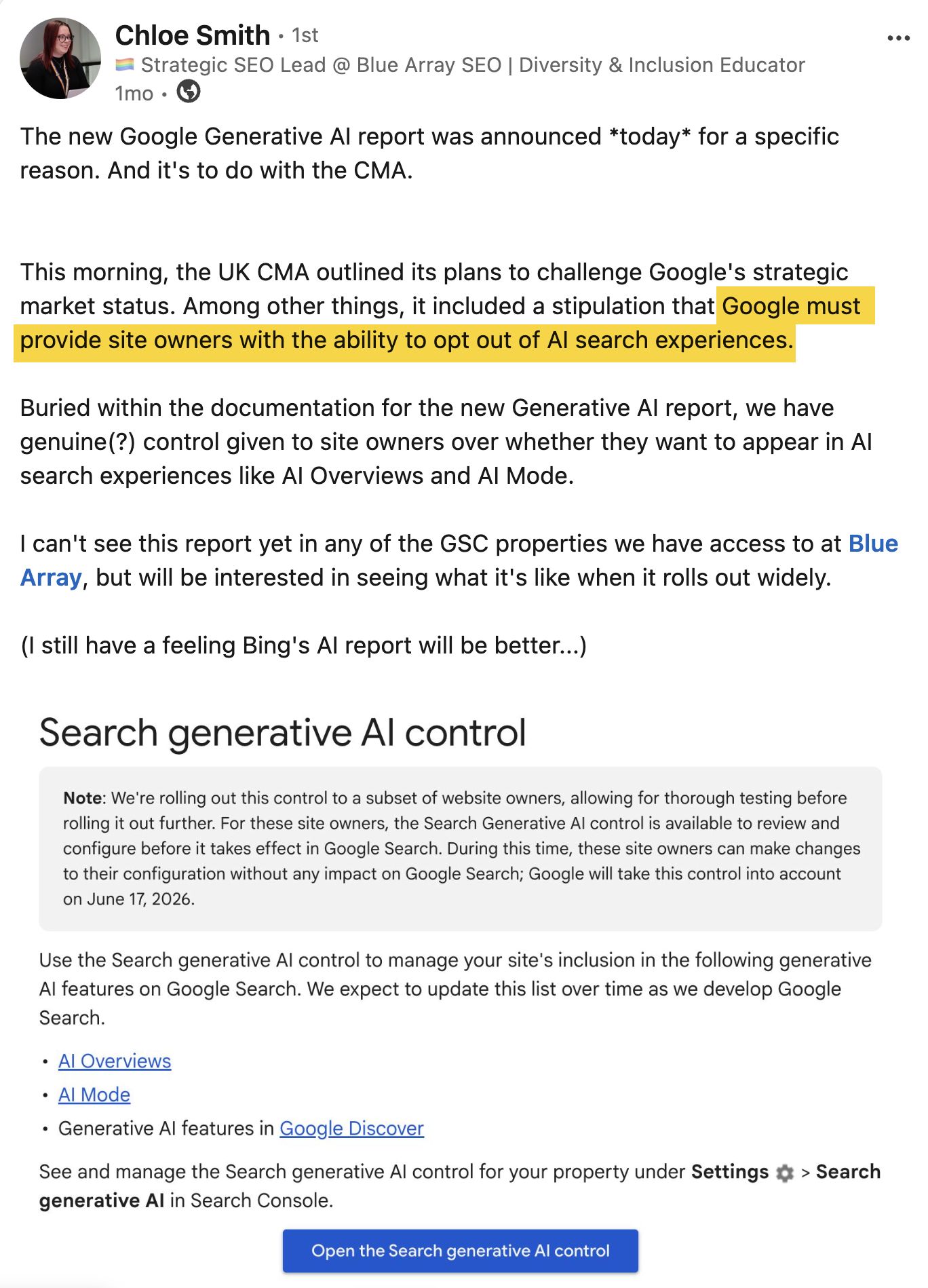 5 AI تلاش کے رجحانات 2026 تک متوقع ہیں، جنہیں احریفس ڈیٹا کی حمایت حاصل ہے۔ 25 Google کے بارے میں LinkedIn پوسٹ سائٹ کے مالکان کو AI تلاش کے تجربات سے آپٹ آؤٹ کرنے کی صلاحیت فراہم کرتی ہے۔