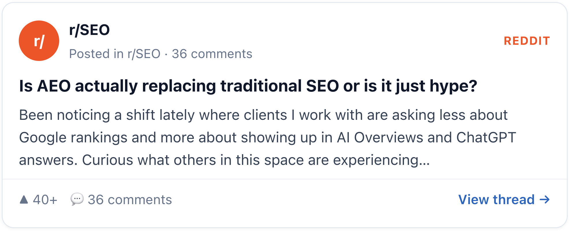 5 AI تلاش کے رجحانات 2026 تک متوقع ہیں، جنہیں احریفس ڈیٹا کی حمایت حاصل ہے۔ 35 r/SEO پر ایک Reddit پوسٹ پوچھتی ہے: