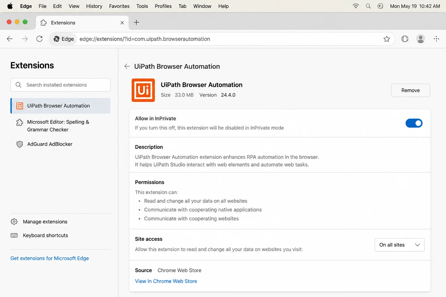 میک پر مائیکروسافٹ ایج میں ان پرائیویٹ براؤزنگ کا استعمال کیسے کریں۔ 6 edge://extensions تفصیلات پینل macOS پر انسٹال کردہ ایکسٹینشنز کے لیے