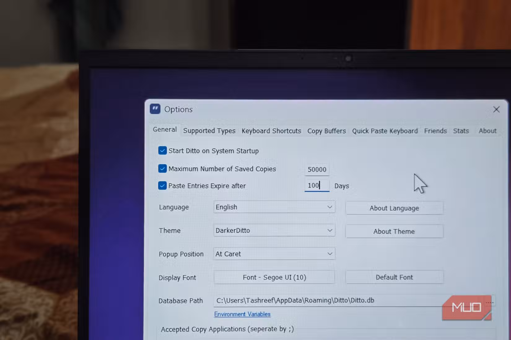 HP pavillion لیپ ٹاپ پر Ditto Settings کا ڈائیلاگ باکس کھلا ہے۔
