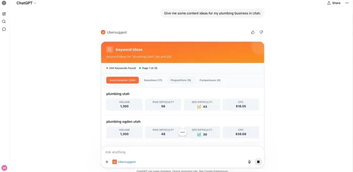 ChatGPT میں Ubersuggest کا استعمال کرتے ہوئے استفسار کریں۔