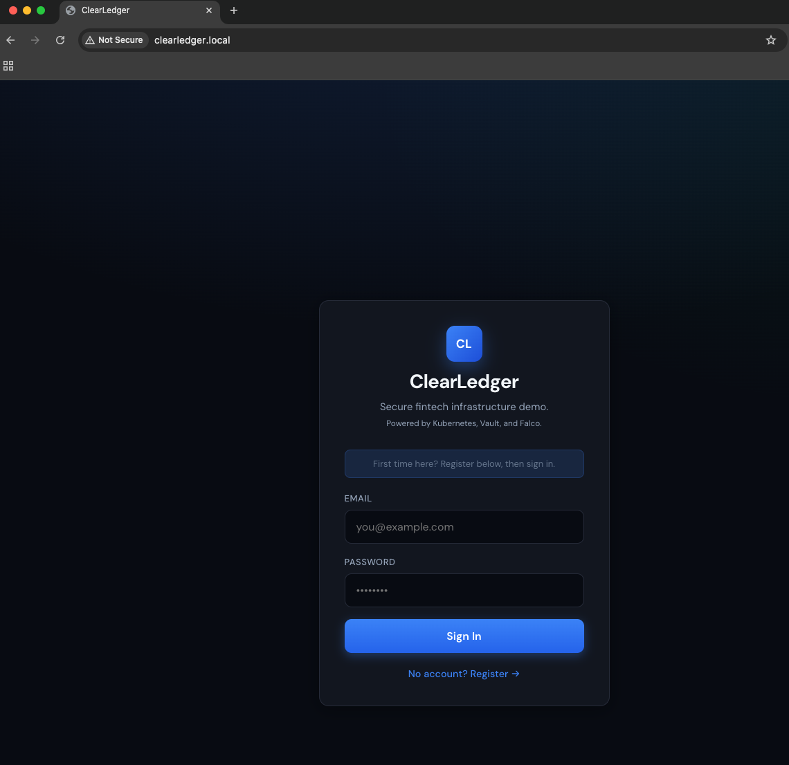 Clearledger لاگ ان اسکرین UI اسکرین شاٹ