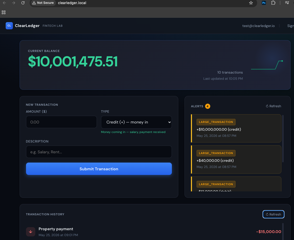 لاگ ان کرنے کے بعد Clearledger UI اسکرین شاٹ