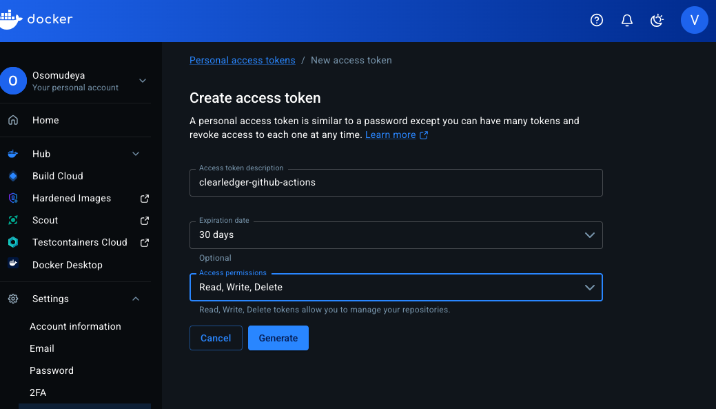 Docker UI اسکرین شاٹ دکھا رہا ہے کہ ٹوکن اسکوپ کو کہاں سیٹ کرنا ہے۔