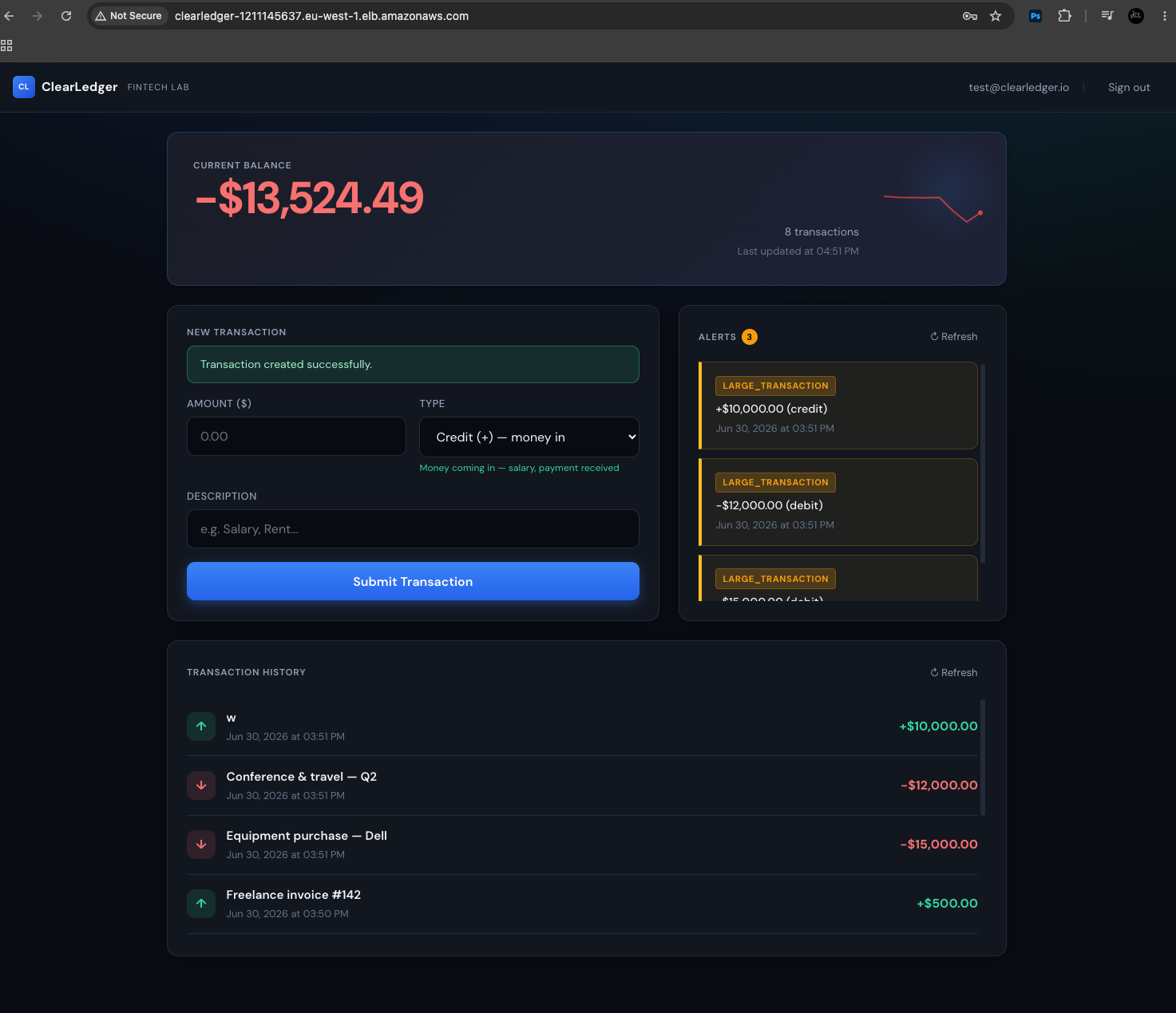 ALB URL کا استعمال کرتے ہوئے EKS پر چلنے والے Clearledger UI کا اسکرین شاٹ
