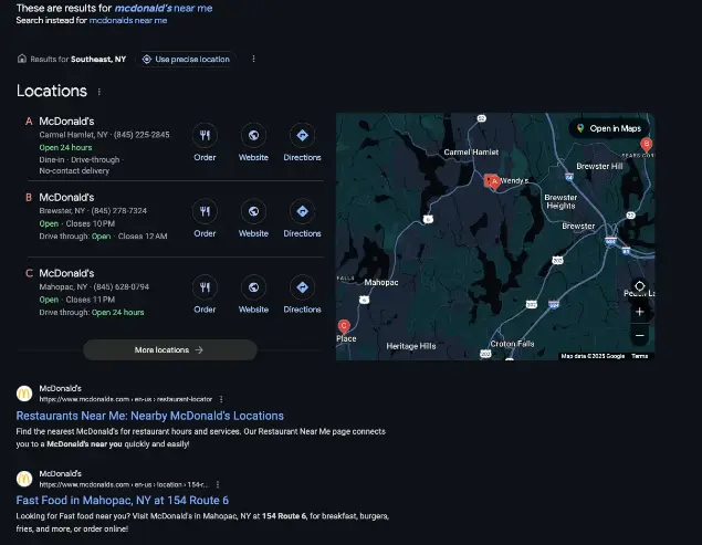 Google پر 'McDonald's near me' تلاش کرنے کی کوشش کریں۔