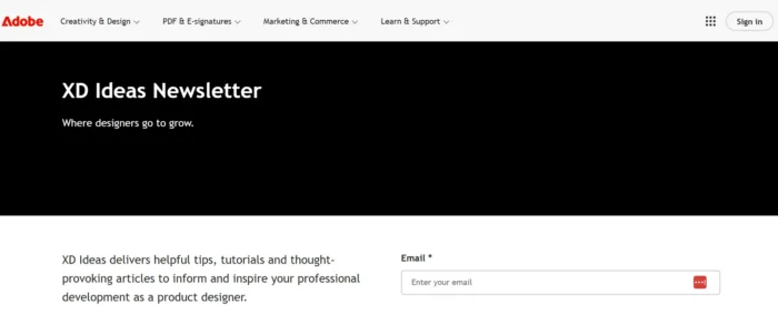 XD آئیڈیاز کے لیے لینڈنگ پیج کا اسکرین شاٹ، وہ نیوز لیٹر جو Adobe XD تخلیقی کمیونٹی کا مرکزی مرکز بن گیا ہے۔