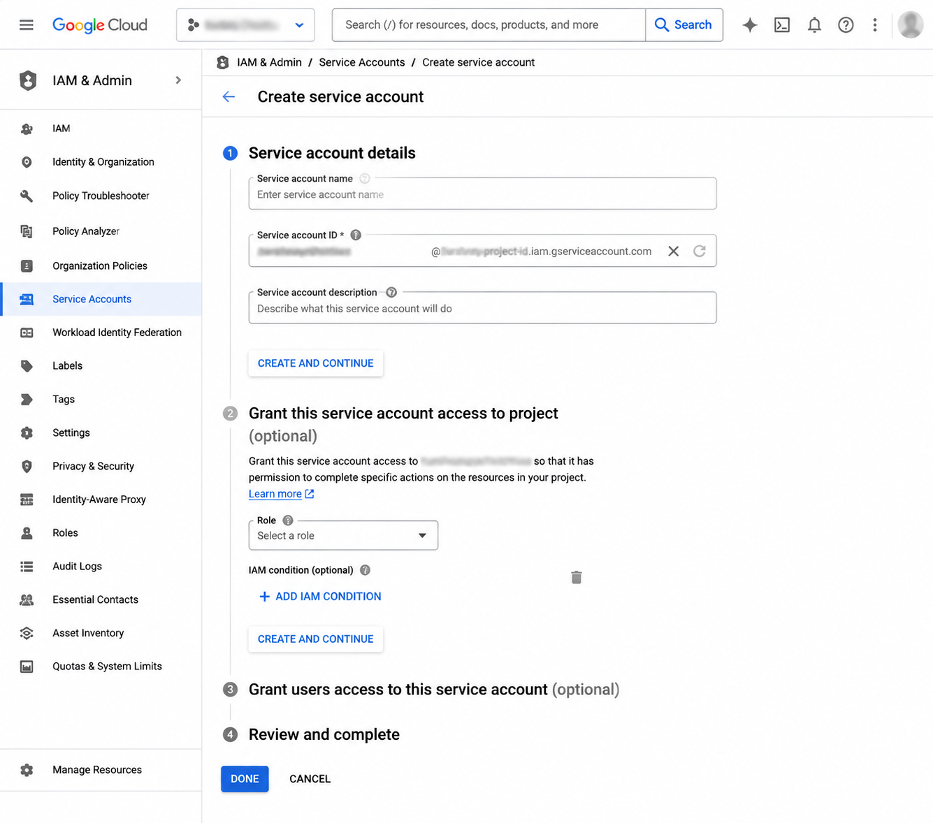 Firebase ایپ کی تعیناتی، Google Play، TestFlight، اور App Store Connect کے لیے Fastlane اور GitHub ایکشنز کا استعمال کرتے ہوئے فلٹر ریلیز کو خودکار کیسے بنایا جائے۔ 14 گوگل کلاؤڈ کنسول سروس اکاؤنٹ بنانے کا فارم نام اور رول فیلڈز دکھا رہا ہے۔
