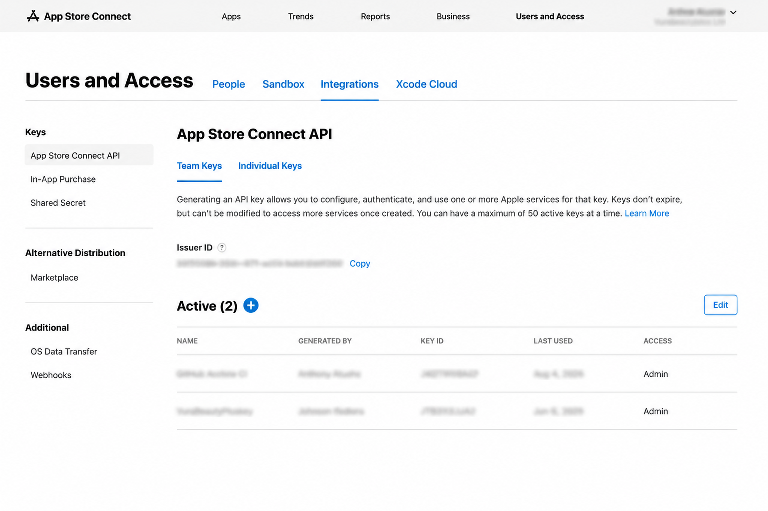 Firebase ایپ کی تعیناتی، Google Play، TestFlight، اور App Store Connect کے لیے Fastlane اور GitHub ایکشنز کا استعمال کرتے ہوئے فلٹر ریلیز کو خودکار کیسے بنایا جائے۔ 9 ایپ اسٹور کنیکٹ یوزرز اور رسائی کا صفحہ انٹیگریشنز ٹیب کے ساتھ منتخب کیا گیا ہے اور ایپ اسٹور کنیکٹ API آئٹم سائڈبار میں ظاہر ہوتا ہے۔