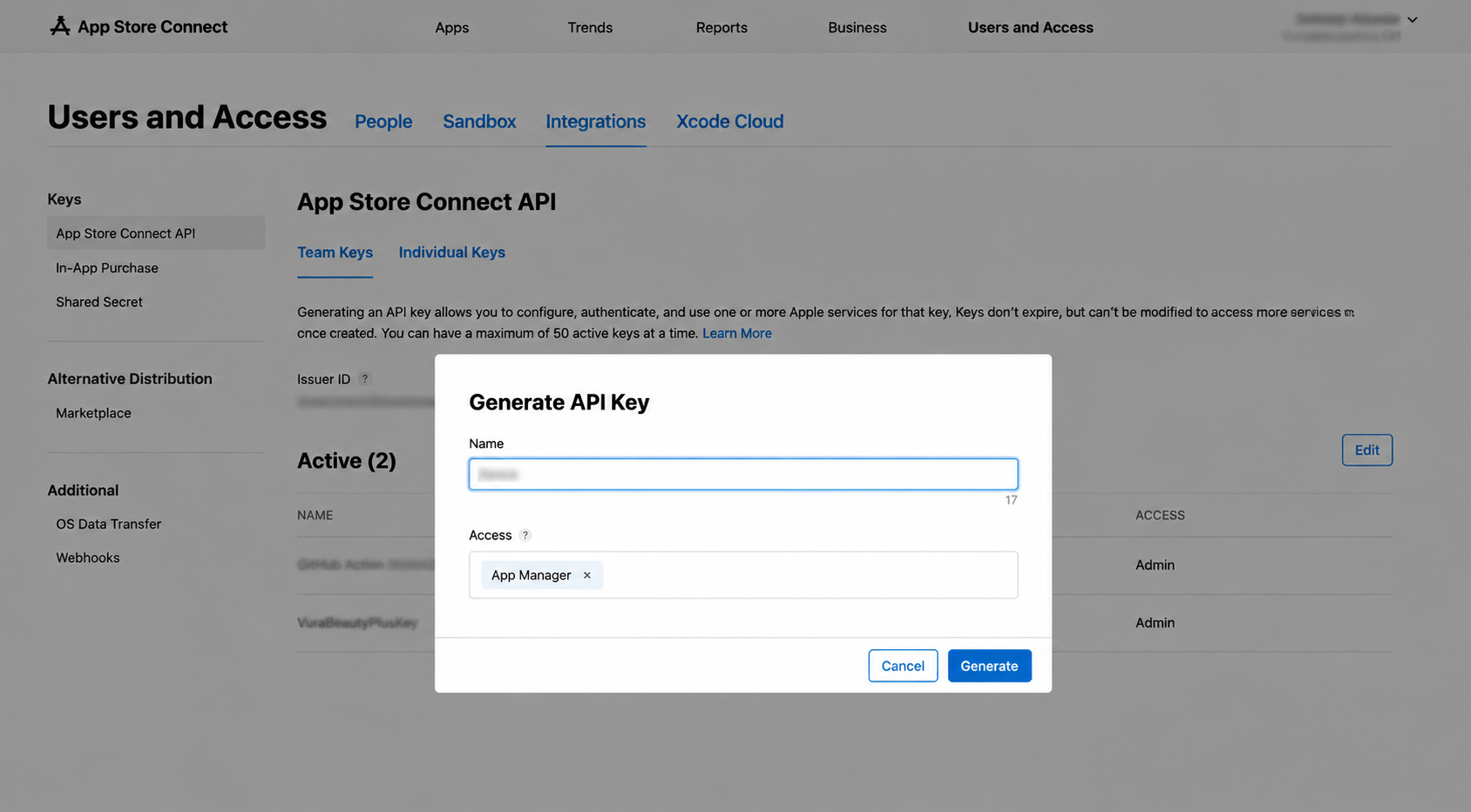 Firebase ایپ کی تعیناتی، Google Play، TestFlight، اور App Store Connect کے لیے Fastlane اور GitHub ایکشنز کا استعمال کرتے ہوئے فلٹر ریلیز کو خودکار کیسے بنایا جائے۔ 10 App Store Connect API کلیدی تخلیق کا فارم نام اور رسائی والے فیلڈز دکھا رہا ہے۔