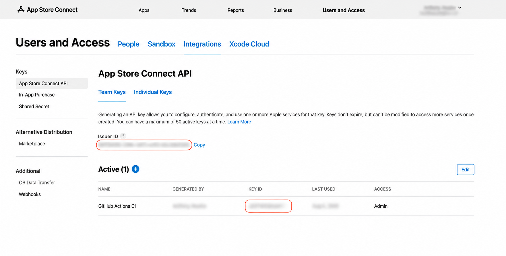 Firebase ایپ کی تعیناتی، Google Play، TestFlight، اور App Store Connect کے لیے Fastlane اور GitHub ایکشنز کا استعمال کرتے ہوئے فلٹر ریلیز کو خودکار کیسے بنایا جائے۔ 11 سب سے اوپر جاری کنندہ ID کے ساتھ App Store Connect API کیز کی فہرست، کلیدی قطار میں ایک کلیدی ID کالم، اور ایک ڈاؤن لوڈ بٹن۔