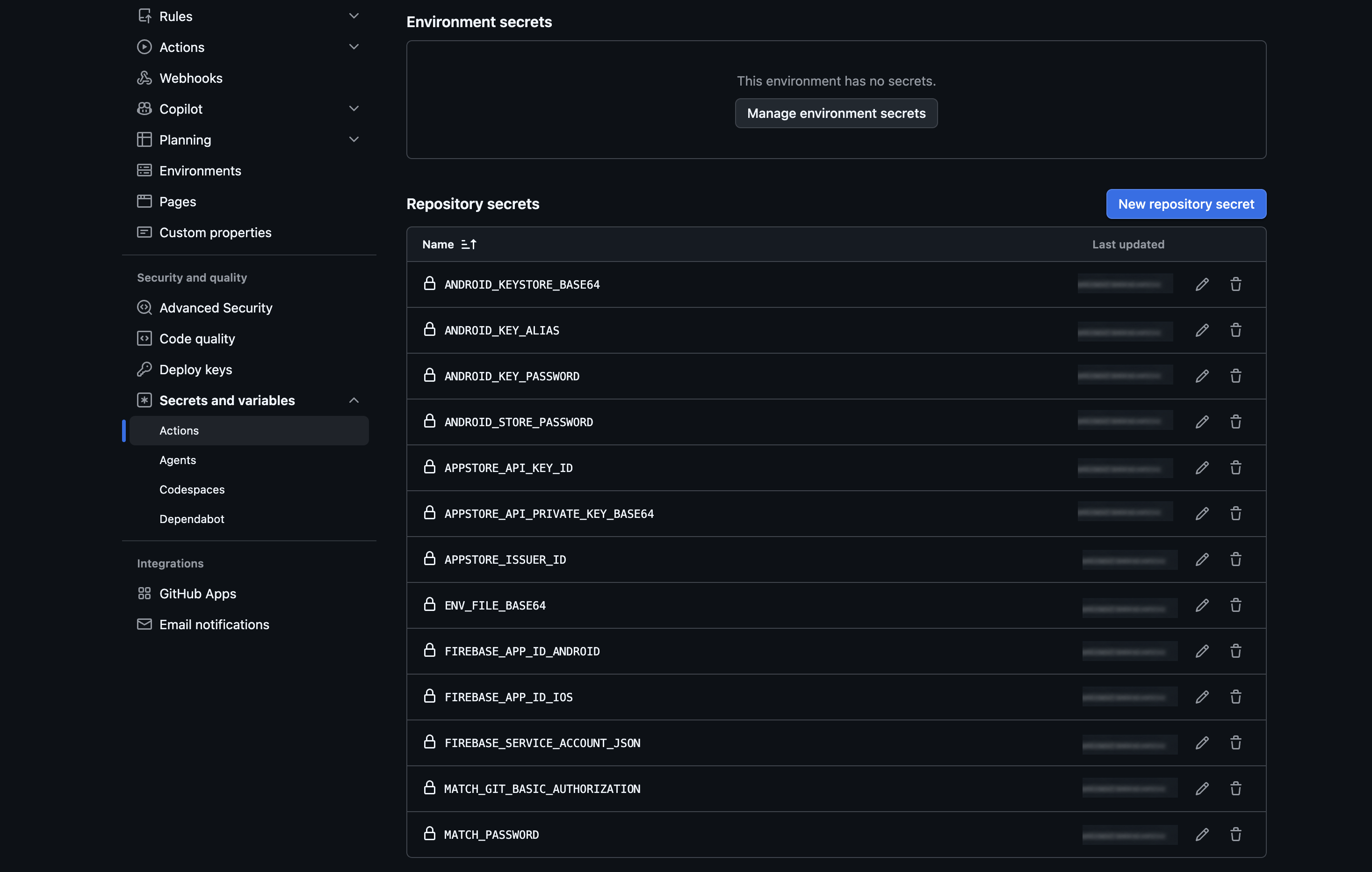 Firebase ایپ کی تعیناتی، Google Play، TestFlight، اور App Store Connect کے لیے Fastlane اور GitHub ایکشنز کا استعمال کرتے ہوئے فلٹر ریلیز کو خودکار کیسے بنایا جائے۔ 24 تمام رازوں کو شامل کرنے کے بعد، GitHub ایکشن سیکرٹس صفحہ خفیہ ناموں کی مکمل فہرست دکھاتا ہے (اقدار پوشیدہ ہیں)۔