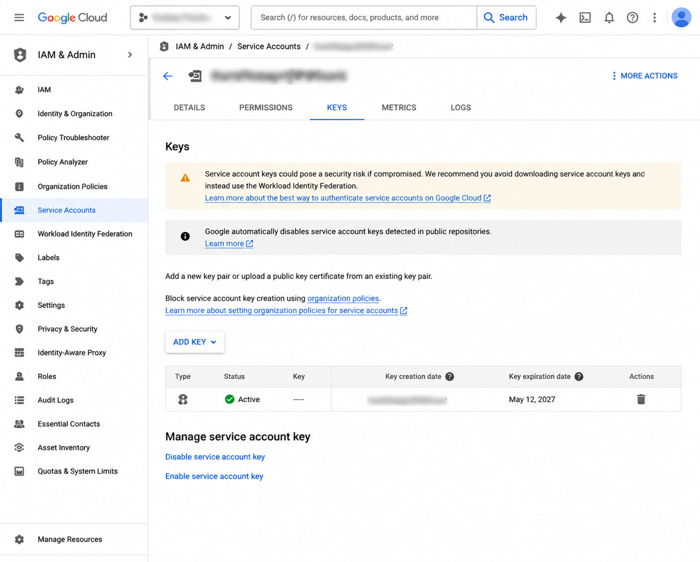 Firebase ایپ کی تعیناتی، Google Play، TestFlight، اور App Store Connect کے لیے Fastlane اور GitHub ایکشنز کا استعمال کرتے ہوئے فلٹر ریلیز کو خودکار کیسے بنایا جائے۔ 15 کیز ٹیب کے ساتھ گوگل کلاؤڈ کنسول سروس اکاؤنٹ کی تفصیلات کا صفحہ منتخب کیا گیا ہے۔