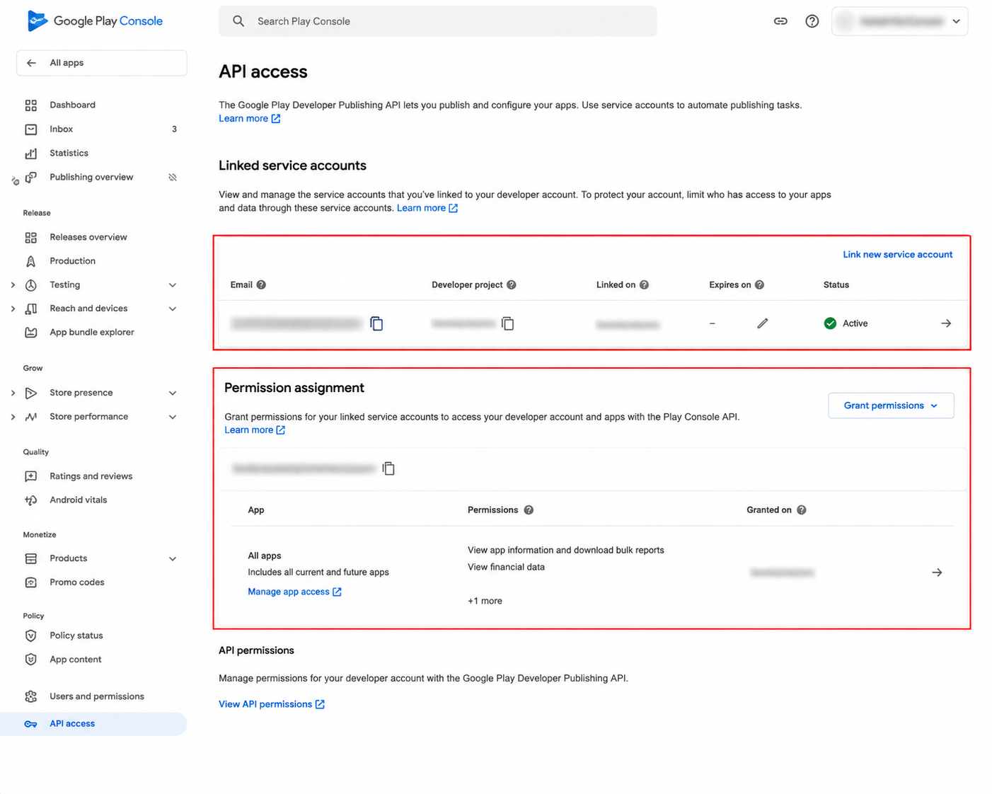 Firebase ایپ کی تعیناتی، Google Play، TestFlight، اور App Store Connect کے لیے Fastlane اور GitHub ایکشنز کا استعمال کرتے ہوئے فلٹر ریلیز کو خودکار کیسے بنایا جائے۔ 16 Google Play Console API رسائی کا صفحہ سروس اکاؤنٹس اور اجازت تفویض کے اختیارات کی فہرست دکھا رہا ہے۔