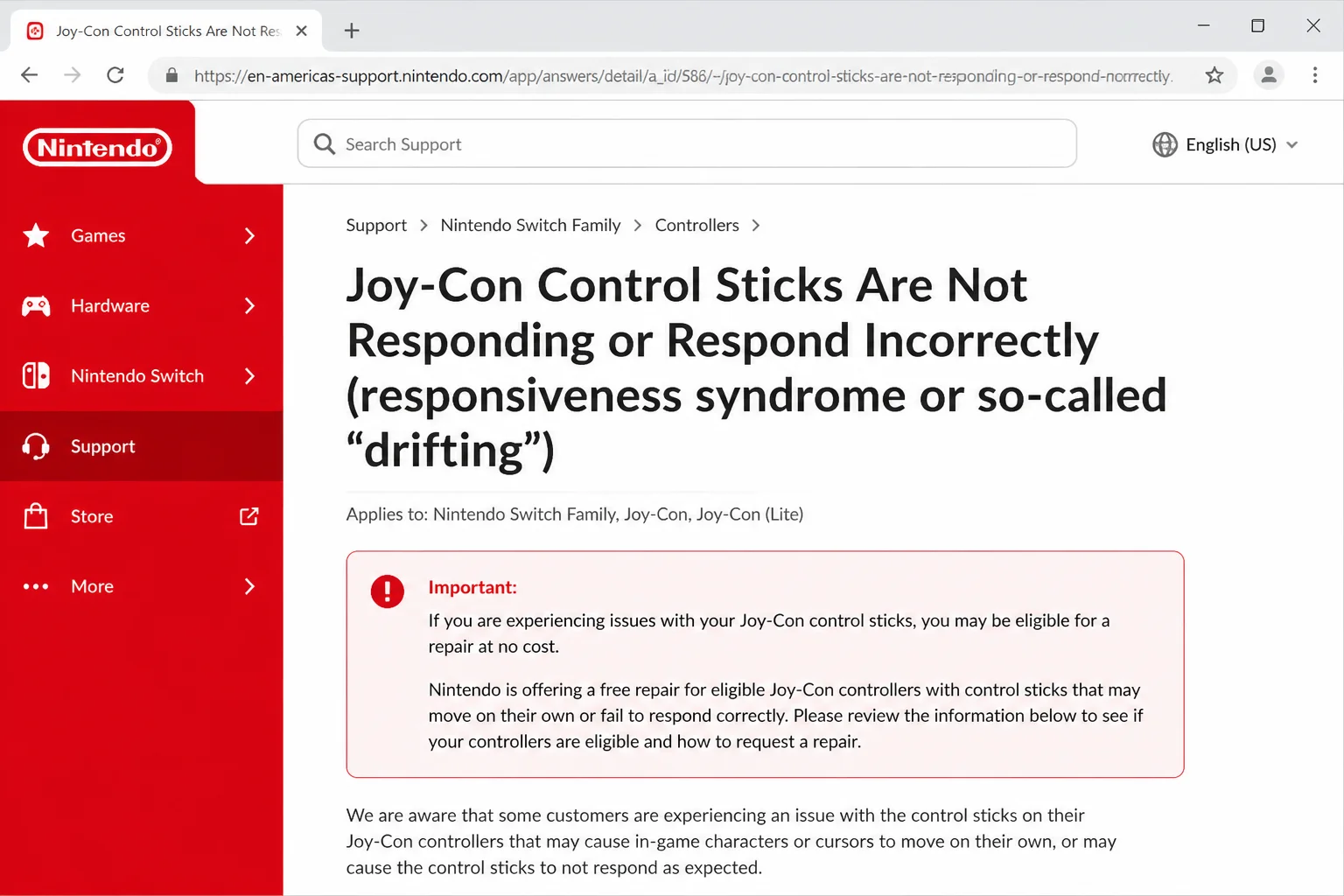 نائنٹینڈو کا عوامی معاونت کا صفحہ Joy-Con کے جوابی عنوان، قابل اطلاق EEA UK اور سوئس علاقوں، اور کوئی متعلقہ شرائط یا اخراج دکھا رہا ہے۔