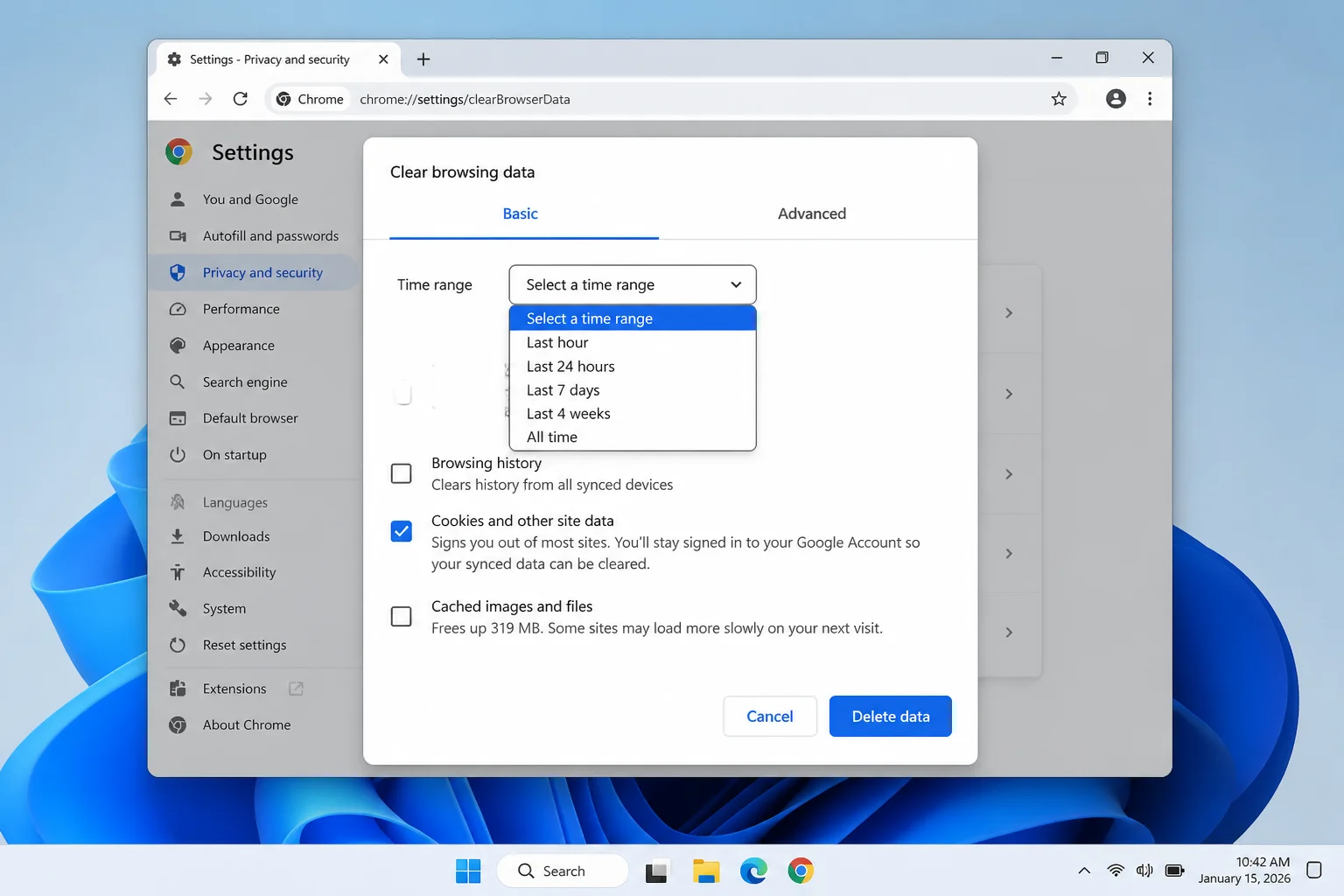 LinkedIn Chrome میں کام نہیں کر رہا ہے؟ اسے ٹھیک کرنے کا طریقہ یہاں ہے (2026) 2 کروم کا کلیئر براؤزنگ ہسٹری کا ڈائیلاگ ٹائم رینج ڈراپ ڈاؤن اور کوکیز اور دیگر سائٹ ڈیٹا چیک باکس دکھا رہا ہے۔