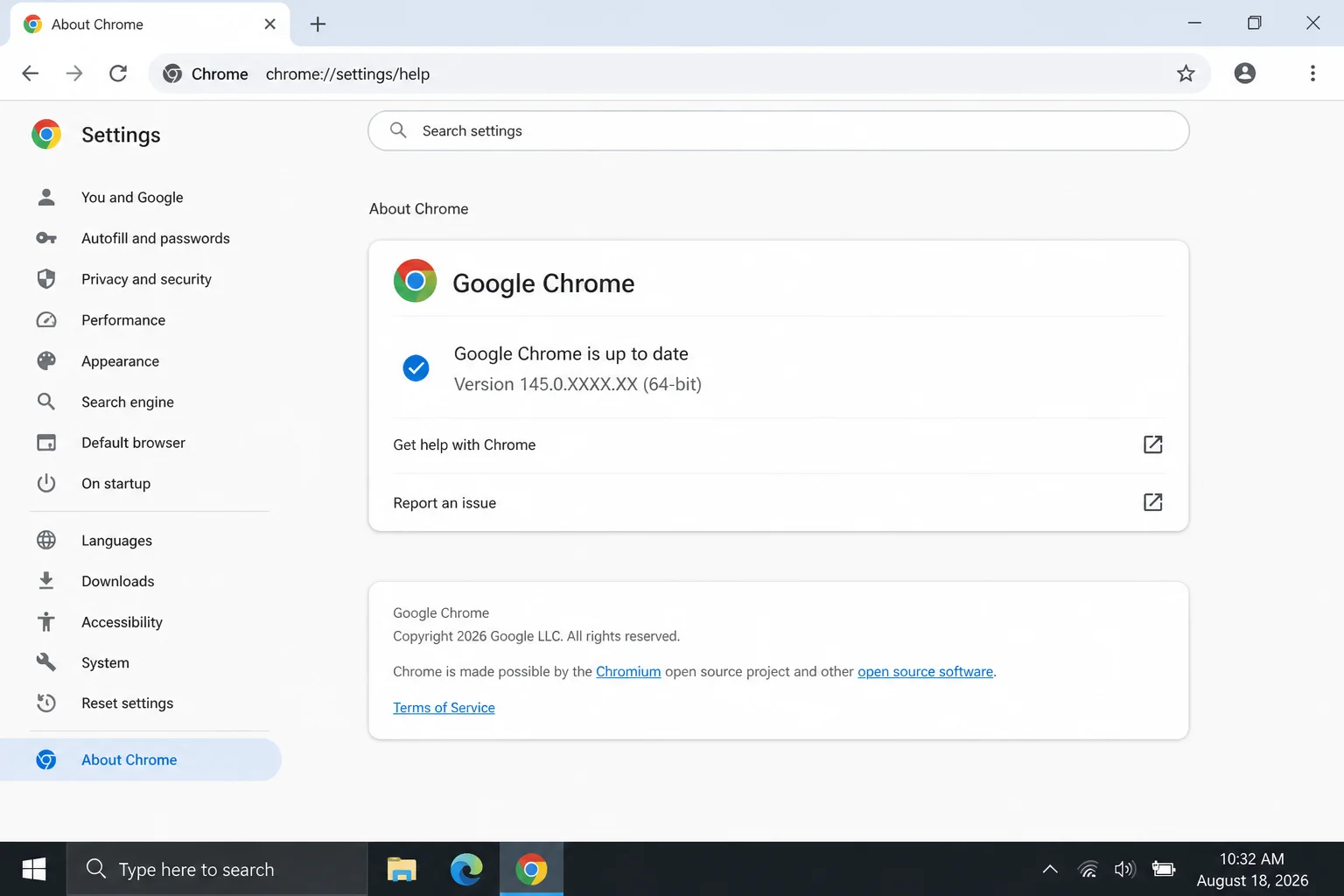 LinkedIn Chrome میں کام نہیں کر رہا ہے؟ اسے ٹھیک کرنے کا طریقہ یہاں ہے (2026) 24 کروم کا کروم کے بارے میں صفحہ، جو موجودہ ورژن نمبر اور اپ ڈیٹ/دوبارہ لانچ کی حیثیت دکھاتا ہے۔