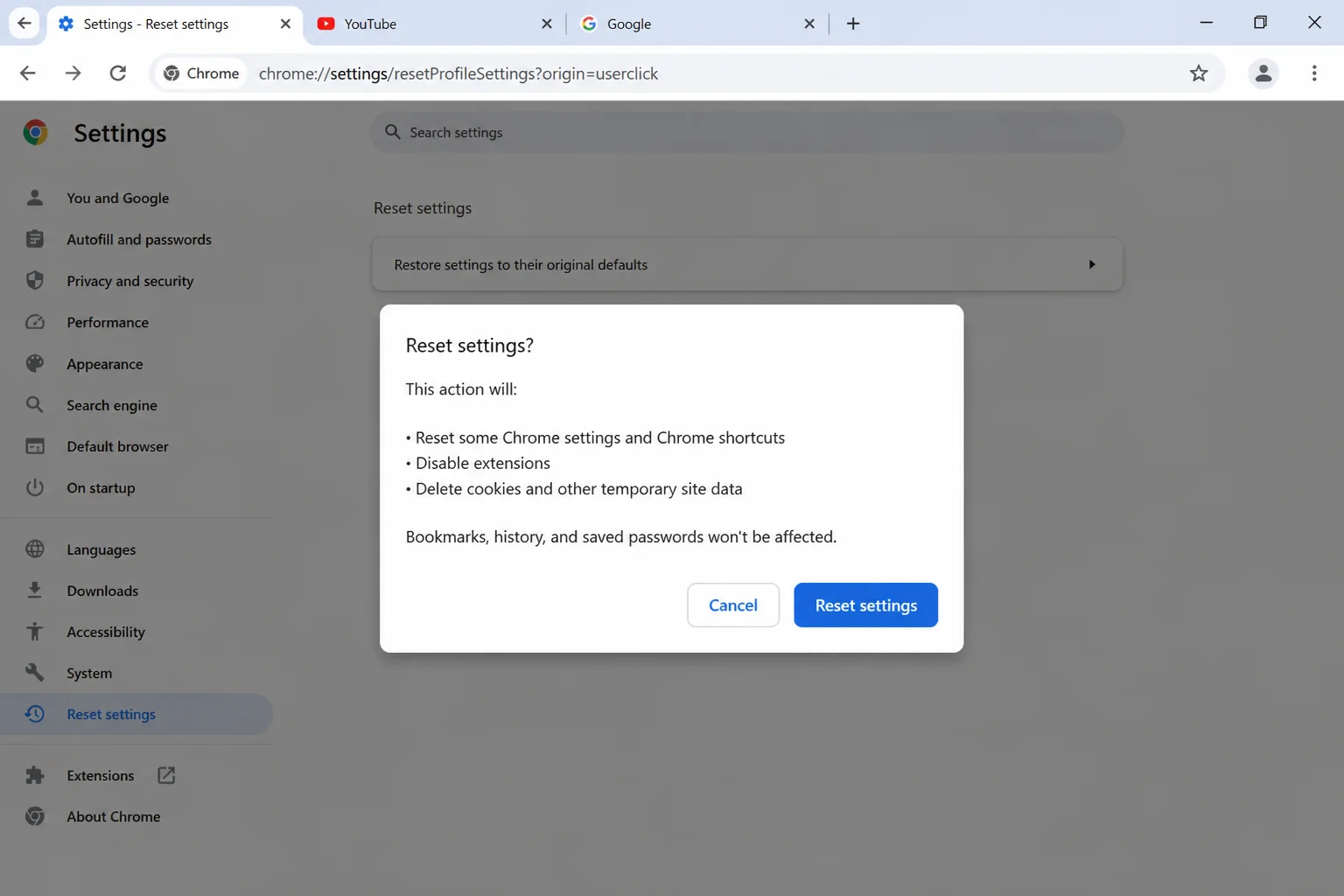 LinkedIn Chrome میں کام نہیں کر رہا ہے؟ اسے ٹھیک کرنے کا طریقہ یہاں ہے (2026) 14 کروم کا کنفرم سیٹنگز ڈائیلاگ باکس، جو کروم کو اس کی ڈیفالٹ کنفیگریشن میں بحال کرنے کے لیے استعمال کیا جاتا ہے۔