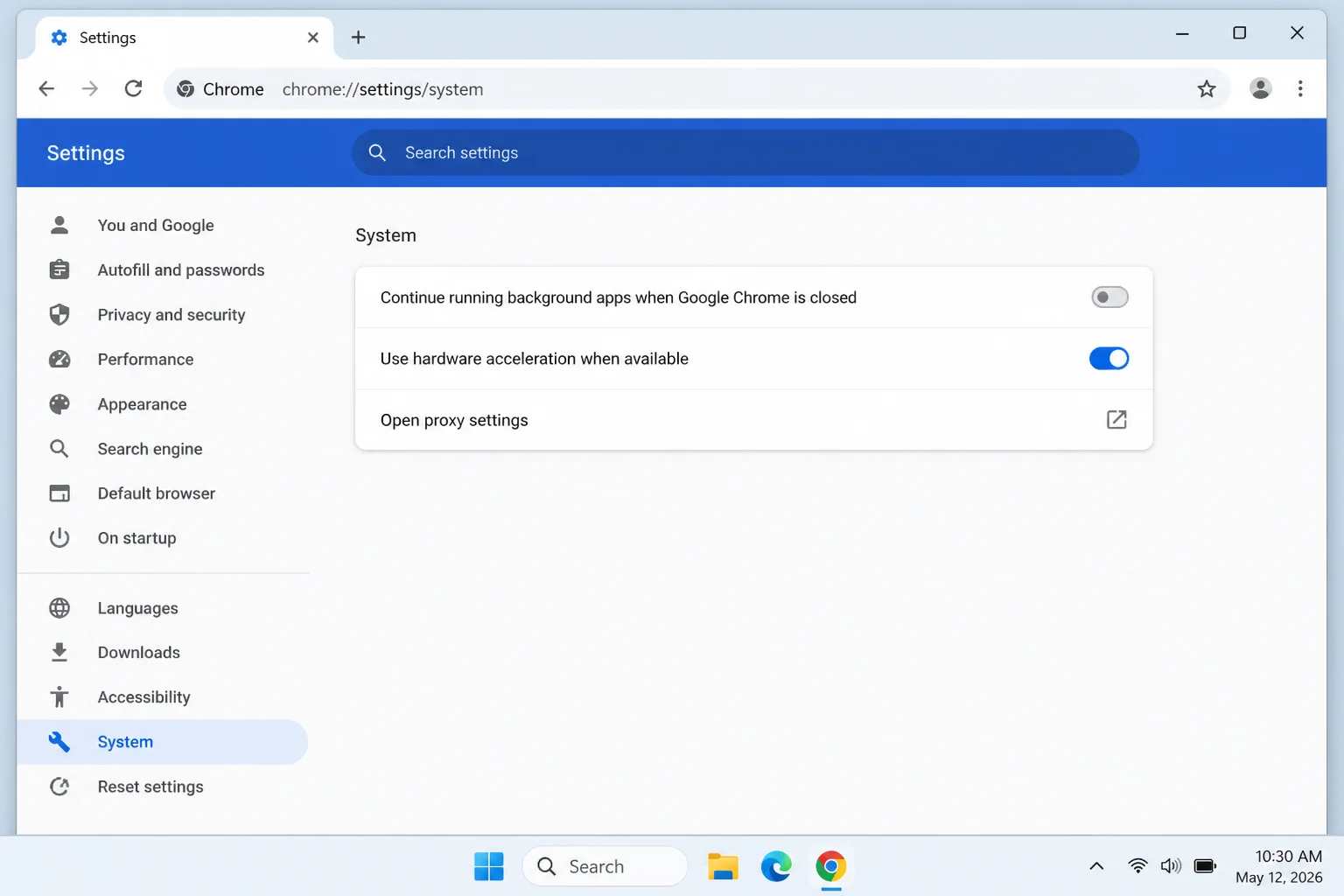 LinkedIn Chrome میں کام نہیں کر رہا ہے؟ اسے ٹھیک کرنے کا طریقہ یہاں ہے (2026) 10 کروم کا سسٹم سیٹنگز صفحہ ہارڈویئر ایکسلریشن ٹوگل دکھا رہا ہے۔