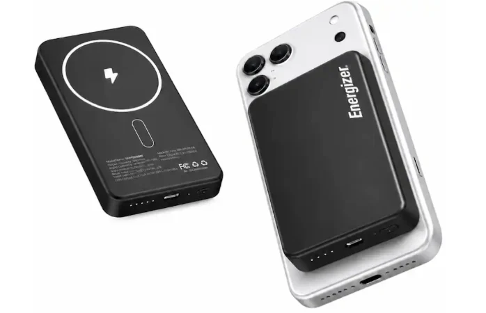 Energizer - 10,000mAh SLIM METAL 20W Magnetic Wireless Qi/Qi2.0/MagSafe پاور بینک پورٹ ایبل چارجر کے ساتھ، 2 آؤٹ پٹ، LED ڈسپلے اور USB-C