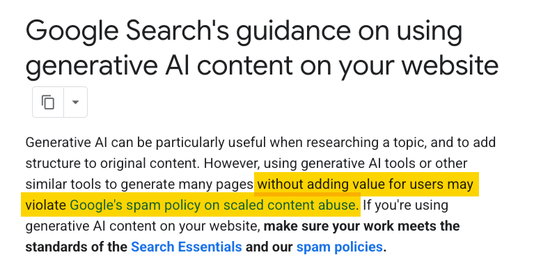 AI مواد کے لیے Google کی رہنما خطوط: قدر میں اضافہ کیے بغیر تخلیقی AI کا استعمال ہماری سپیم پالیسی کی خلاف ورزی کر سکتا ہے۔