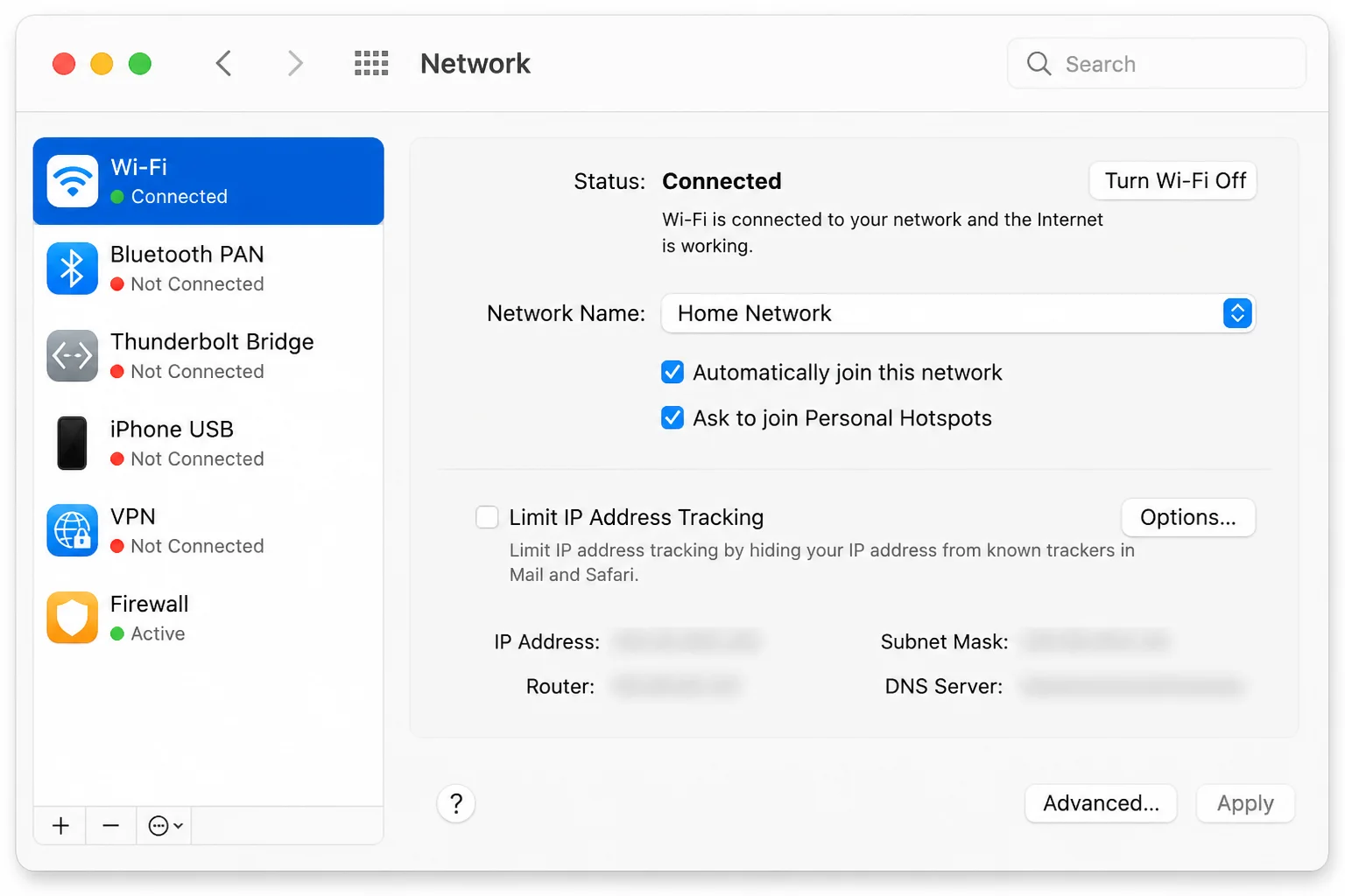 Wi-Fi کی ترتیبات جو نیٹ ورک کے ناموں اور پتوں کو مدھم اور تفصیلات کے بٹن کے ساتھ منسلک نیٹ ورک دکھا رہی ہیں۔